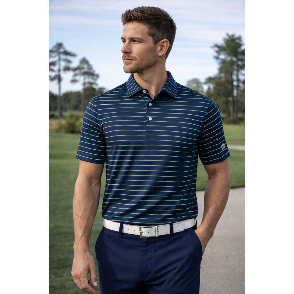Peter Millar Summer Comfort Polo L Navy Blue Green Stripe Golf Performance NWOT